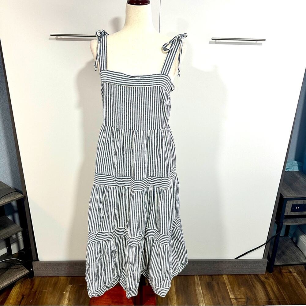 Flower &Feather Coastal Stripe Tie Shoulder Midi Dress Size L Resort Cottagecore - Picture 7 of 16
